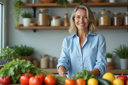 Femme souriante en cuisine sélectionnant des légumes frais