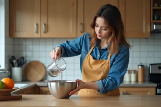 Jeune femme en cuisine verser de leau dans un bol en inox