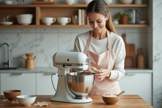 Femme d'âge moyen ajoutant des ingrédients au mixeur dans une cuisine moderne