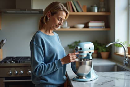 Femme d'âge moyen dans une cuisine moderne inspectant un mixeur