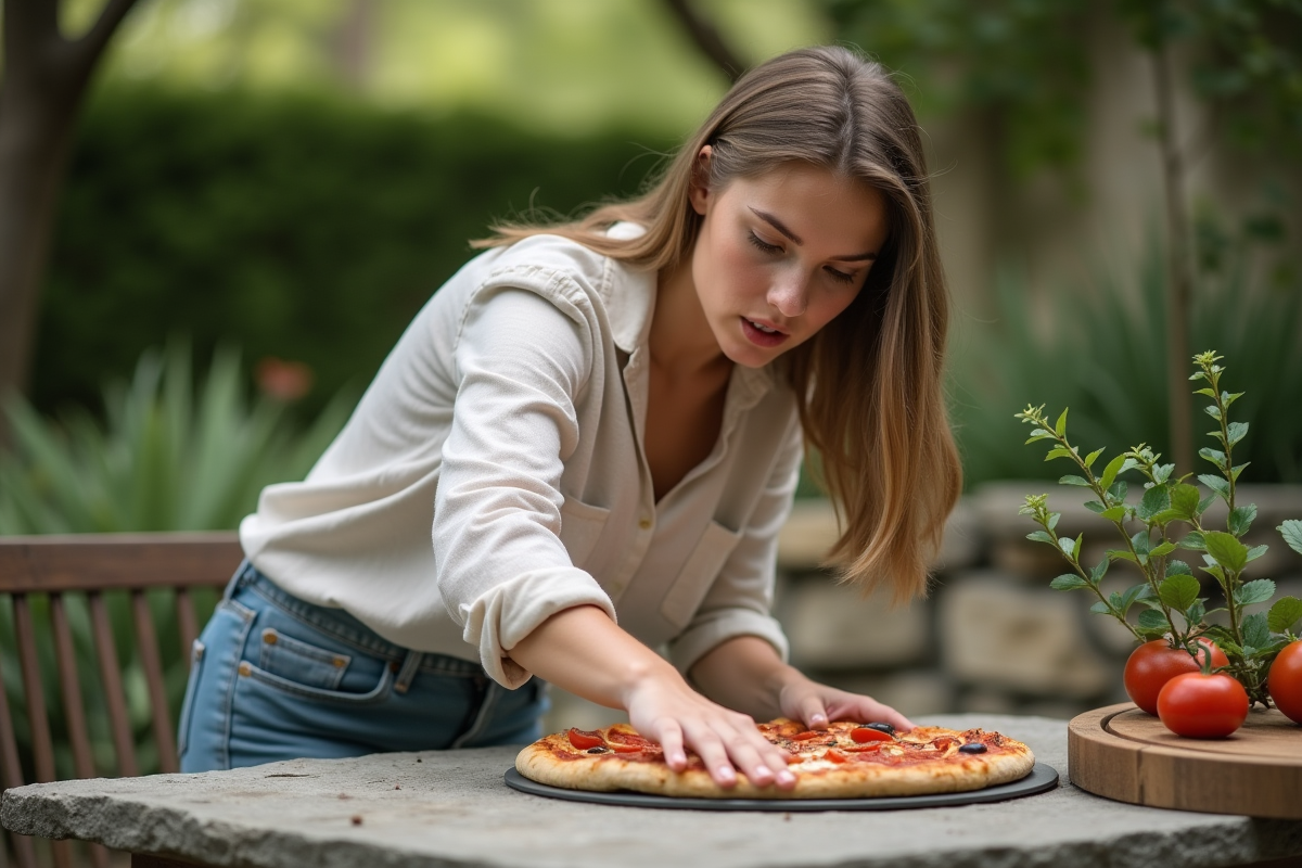 Jeune femme plaçant une pizza sur une pierre dans le jardin