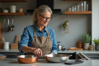 Femme examinant des poeles en metal dans une cuisine moderne