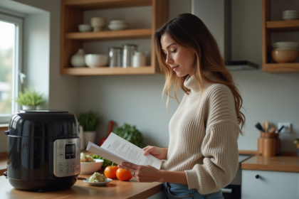 Femme en cuisine suivant une recette avec appareil moderne