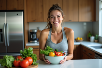 Femme souriante avec bol de légumes frais dans la cuisine