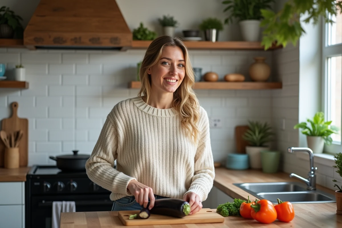 Femme souriante coupant des aubergines dans la cuisine