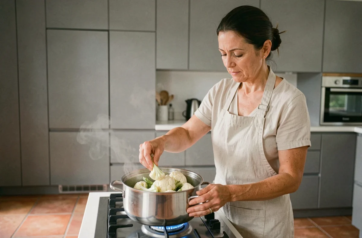 Femme en tablier de lin disposant des fleurettes de chou-fleur dans un panier vapeur sur une cuisinière à gaz dans une cuisine moderne