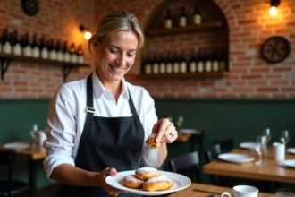 Femme souriante saupoudrant des beignets d'aubergine dans un restaurant italien