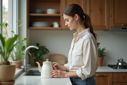 Jeune femme examine un bouilloire écologique dans une cuisine moderne