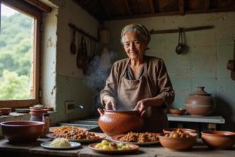 Femme brésilienne âgée servant feijoada dans la cuisine