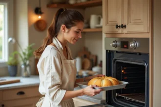 Femme enfournant un gâteau moelleux dans un four réglé à 200 degrés dans une cuisine de style maison de campagne française