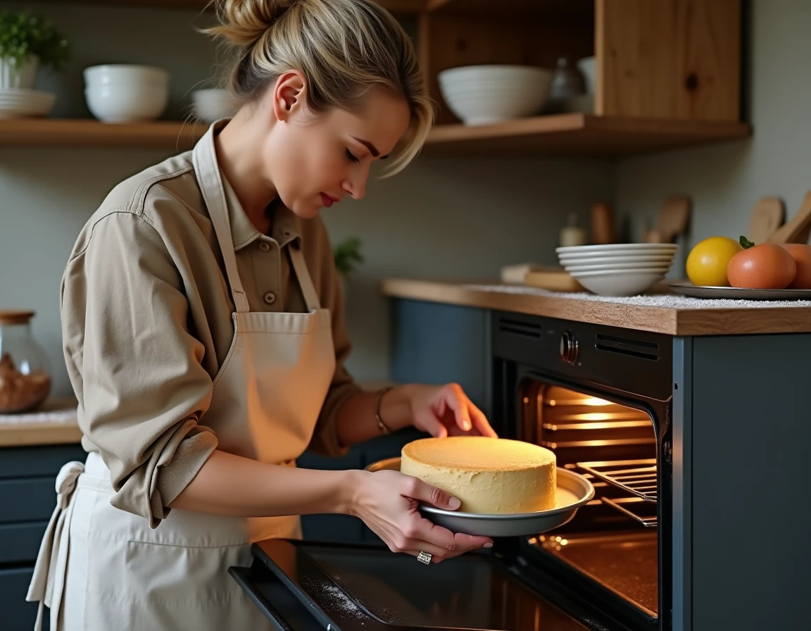 Femme en tablier de lin enfournant un gâteau maison dans un four domestique réglé sur la fonction traditionnelle