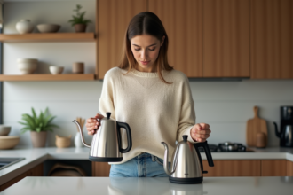 Femme contemplant deux bouilloires dans une cuisine moderne