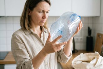 Femme examinant le symbole de recyclage sur un grand contenant en plastique dans une cuisine moderne