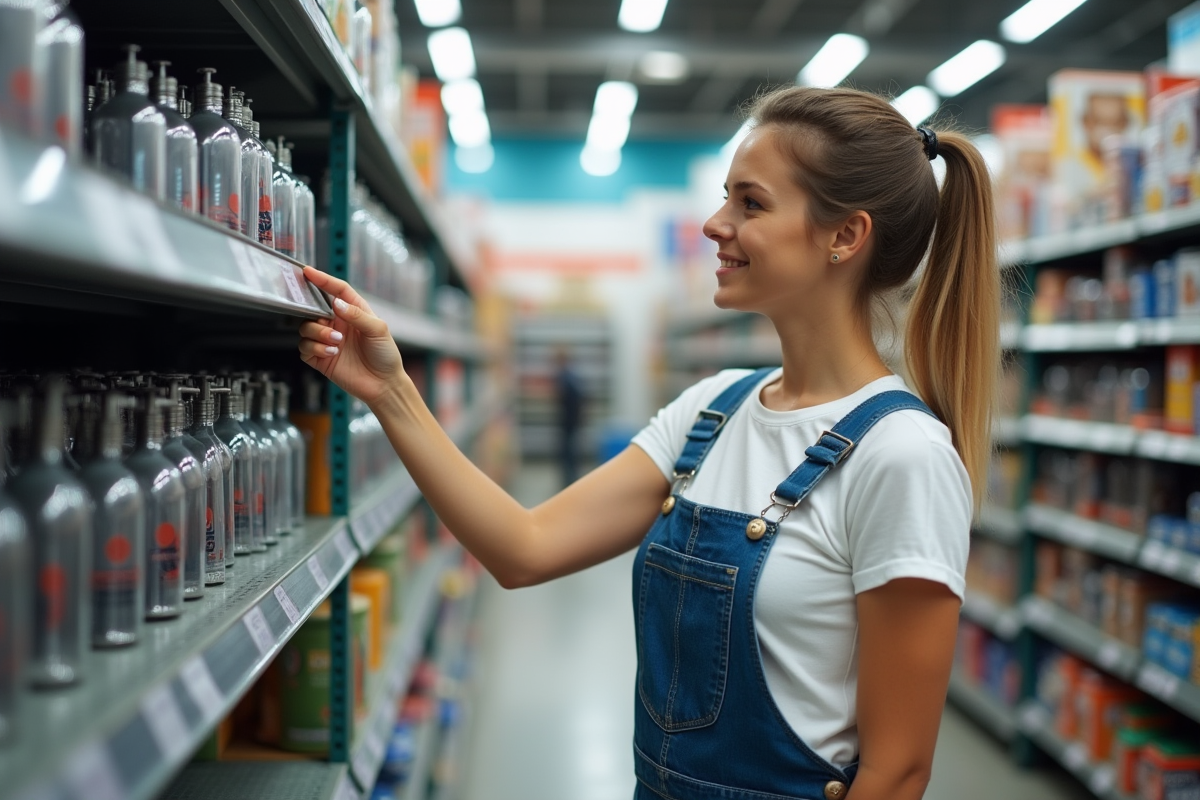 Jeune femme choisit un siphon dans un magasin de bricolage