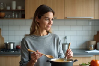 Femme en pull gris regardant une fondue de poireaux dans la cuisine