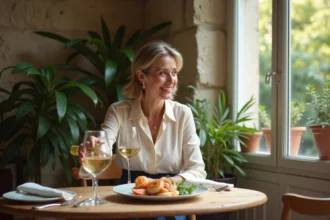 Femme française souriante lors d'un dîner parisien élégant