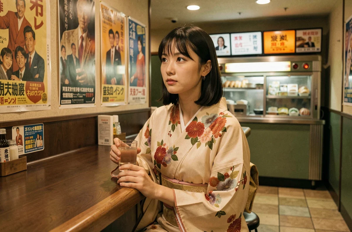 Jeune femme japonaise en tenue vintage tenant un verre de soju dans un lobby de cinéma rétro avec affiches de films anciens