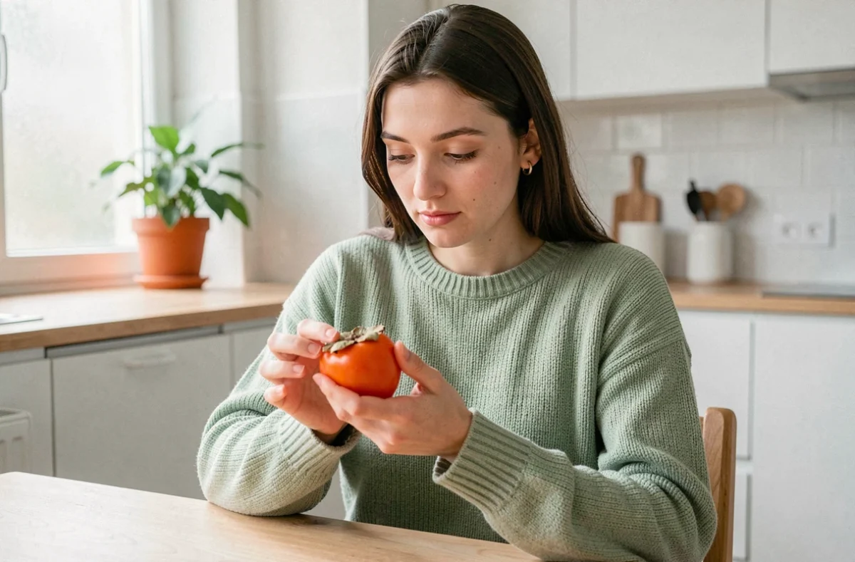 Jeune femme examinant attentivement un fruit kaki dans une cuisine moderne, représentant la vigilance face aux allergies alimentaires liées au kaki