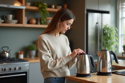 Femme comparant deux bouilloires dans une cuisine moderne