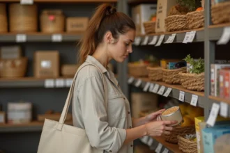 Femme inspectant des produits dans un magasin anti-gaspi avec des étagères en bois et des articles à prix réduits