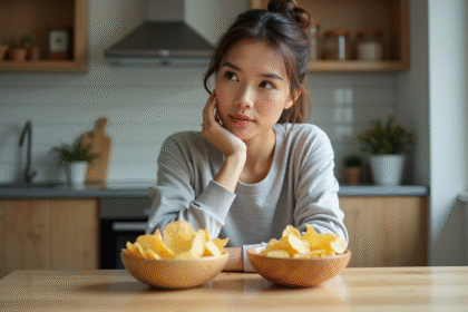 Femme compare chips de pommes de terre et végétaux à la maison