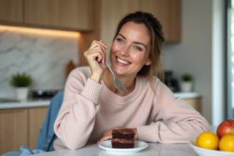 Femme souriante dégustant un gâteau au chocolat dans la cuisine