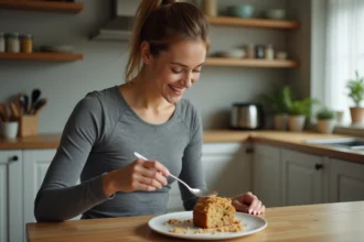 Jeune femme souriante dégustant un gâteau aux flocons d'avoine