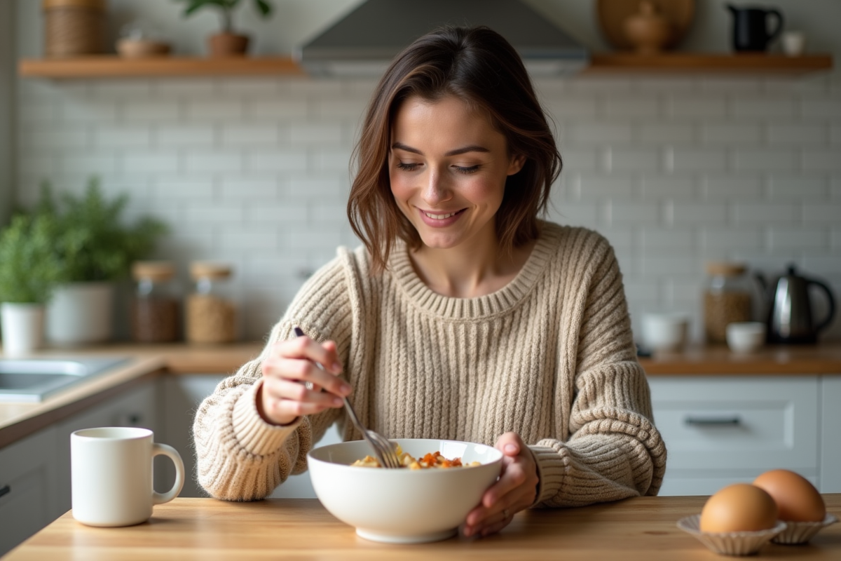 Femme remuant un bol de porridge maison dans une cuisine chaleureuse