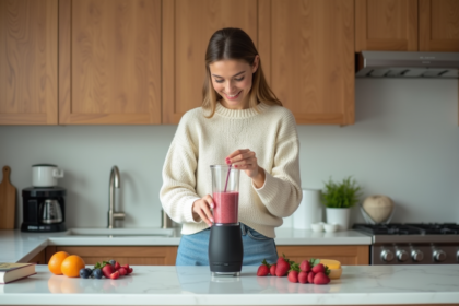 Femme préparant un smoothie avec un mixeur moderne dans la cuisine
