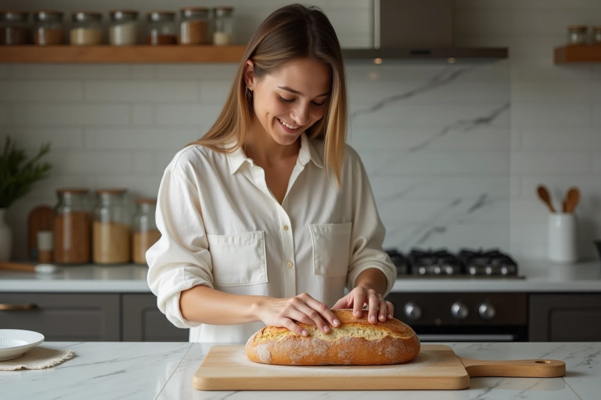 Jeune femme souriante scorant un pain dans une cuisine moderne