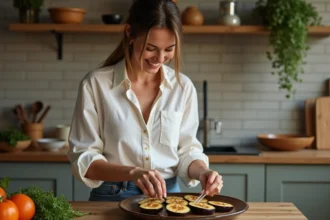 Femme arrangeant des tranches d'aubergine grillée sur un plat en céramique