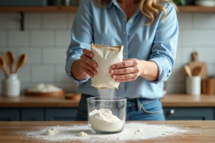 Femme versant de la farine dans un bol en cuisine moderne