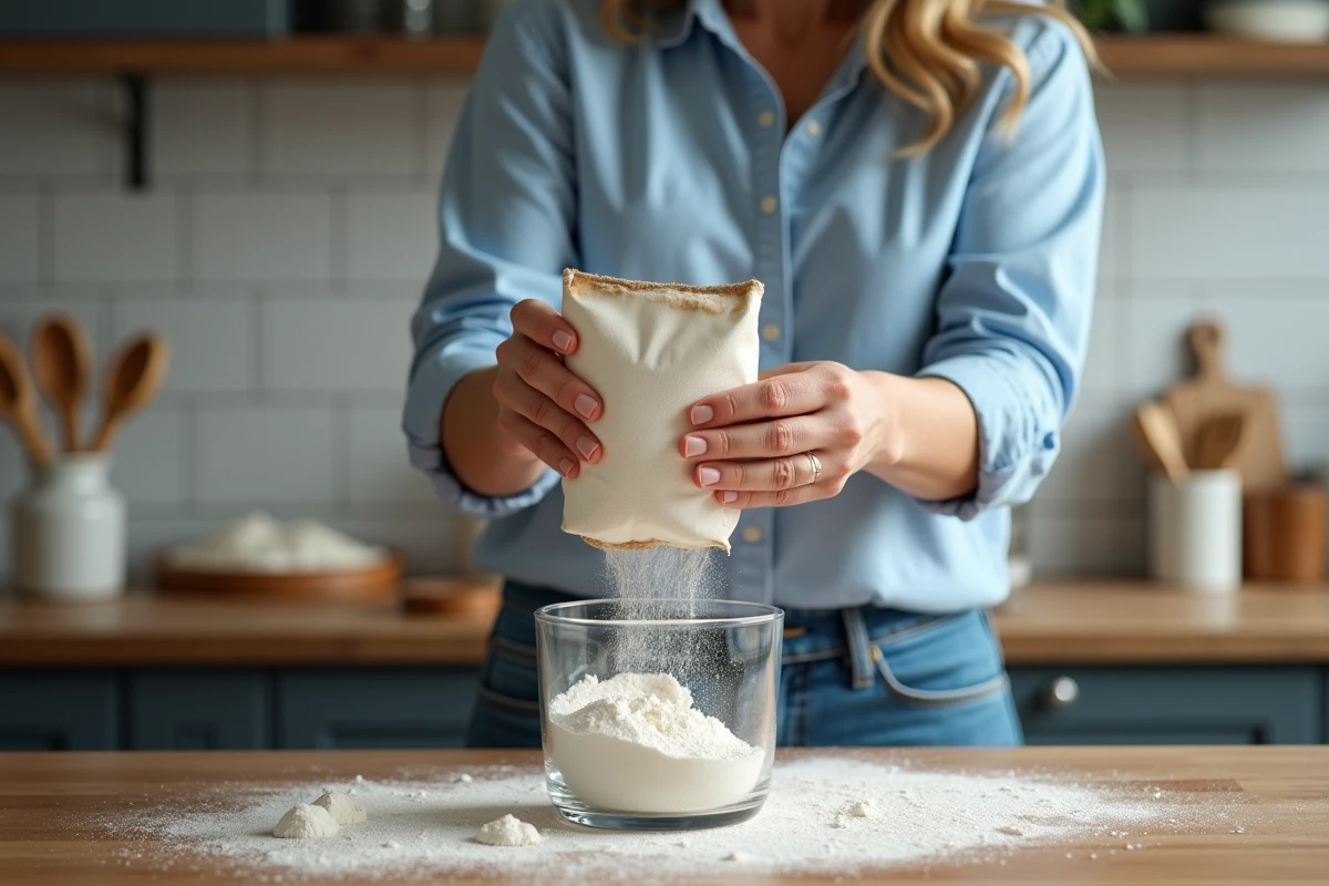 Femme versant de la farine dans un bol en cuisine moderne