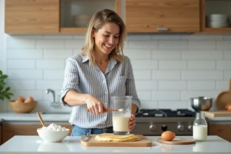 Femme souriante préparant une pâte à crêpes dans une cuisine moderne