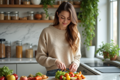 Femme en cuisine préparant un plat de fruits frais