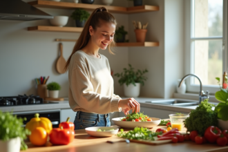 Femme souriante préparant une salade dans une cuisine lumineuse