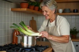 Femme préparant des endives dans une cocotte minute sur une cuisinière à gaz dans une cuisine moderne