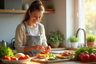 Jeune femme souriante préparant un repas équilibré avec légumes