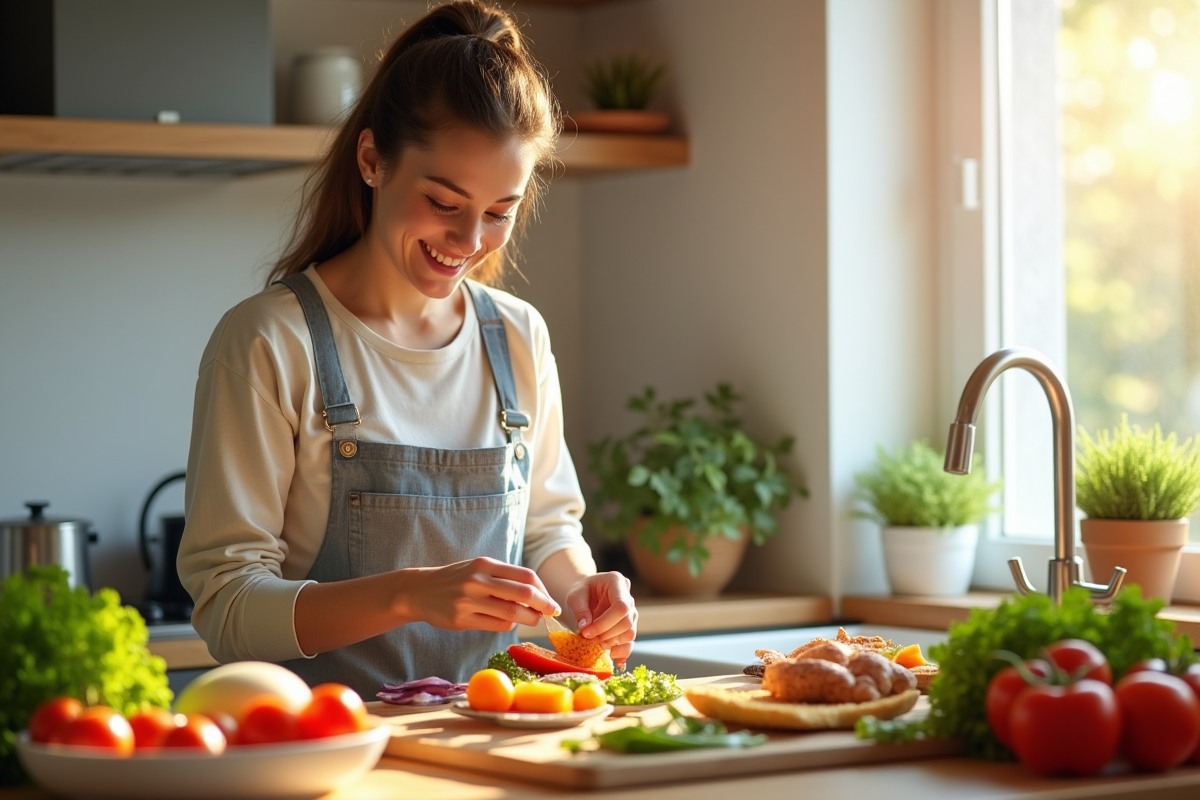 Jeune femme souriante préparant un repas équilibré avec légumes