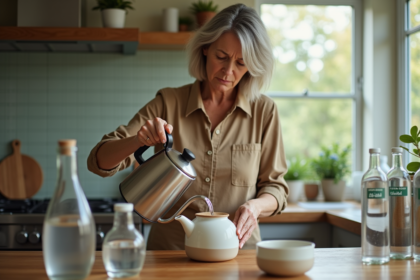 Femme verser de l'eau dans une théière en porcelaine