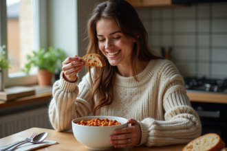 Femme souriante mangeant une soupe aux haricots dans une cuisine chaleureuse
