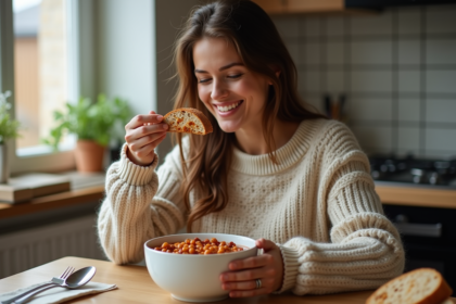 Femme souriante mangeant une soupe aux haricots dans une cuisine chaleureuse