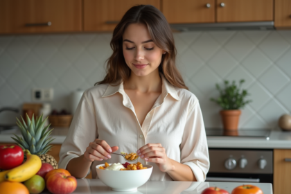 Jeune femme préparant un bol de fruits frais dans la cuisine