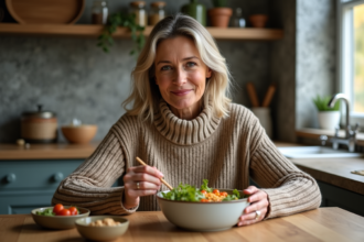 Femme d'âge moyen dégustant une salade colorée dans une cuisine chaleureuse