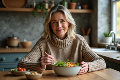 Femme d'âge moyen dégustant une salade colorée dans une cuisine chaleureuse