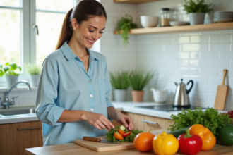 Femme préparant une salade fraîche dans une cuisine lumineuse