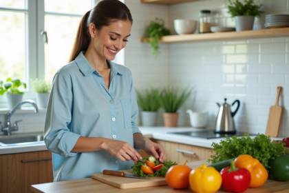 Femme préparant une salade fraîche dans une cuisine lumineuse