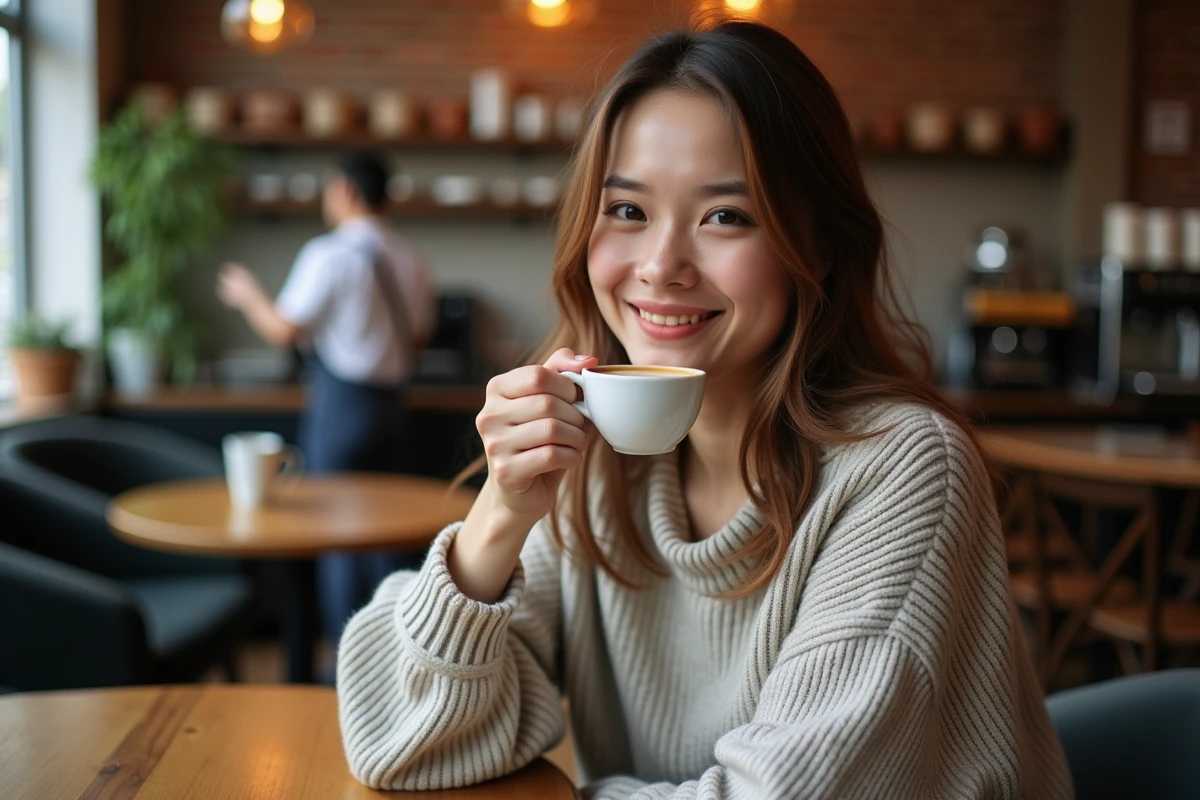 Jeune femme dégustant un espresso dans un café urbain