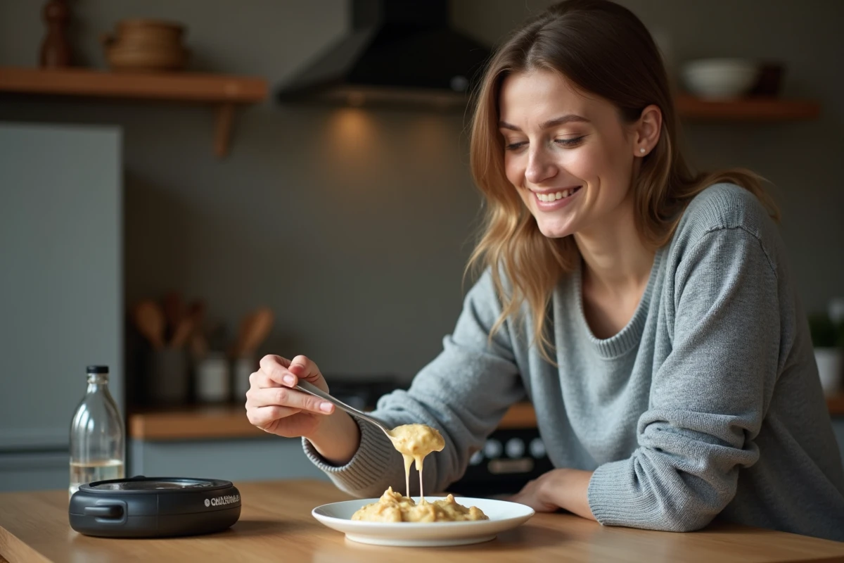 Femme fatiguée se servant une assiette de blanquette de veau rapide préparée au Cookeo après une longue journée