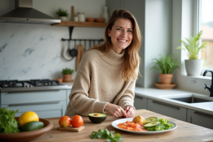 Femme souriante préparant un plat coloré de légumes et saumon